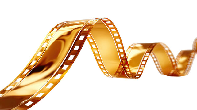 Golden 35mm film strip with photo frames isolated on white background for photography and cinema movie design