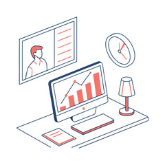 Work desk with computer showing financial graphs, representing remote work and online business