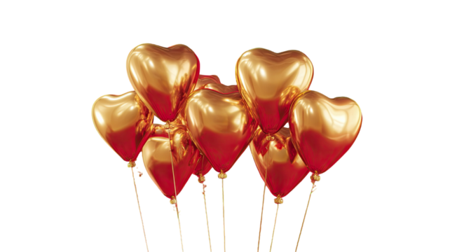 Two golden heart shaped balloons, a symbol of romance and love celebration, are isolated for a happy Valentine's Day party decoration