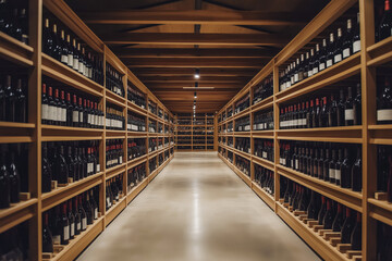 Wine cellar with wooden shelves full of bottles