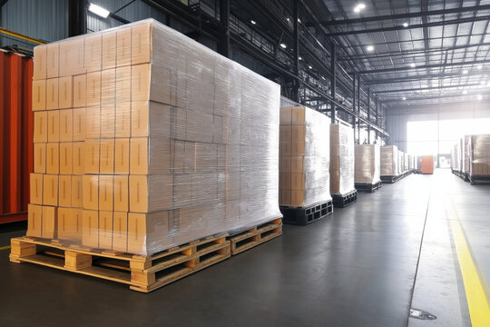 Pallets of shrink-wrapped cardboard boxes in industrial warehouse - Powered by Adobe