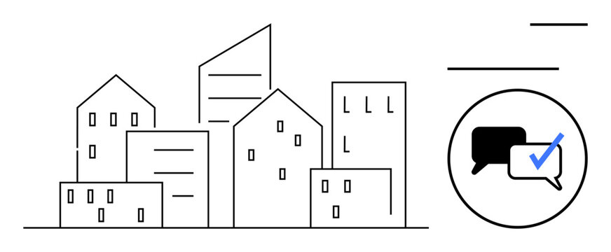 Minimalist cityscape of diverse buildings beside speech bubbles with checkmark. Ideal for urban planning, communication, teamwork, feedback, collaboration, city projects, simple flat metaphor
