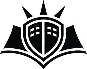 Shield emblem with ship inspired design and sun rays, black and white logo