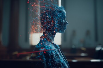 Digital Human Profile with Neural Network Data Visualization in Futuristic Style