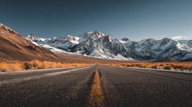 Asphalt road winding through a valley, toward snow-capped mountains - Powered by Adobe