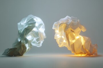Abstract Lighted Human Faces Sculpture in White and Warm Yellow Tones Artistic Concept