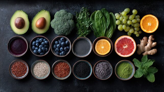 Healthy foods arranged on dark surface.  Fresh fruits, vegetables,  and superfoods in small bowls.  Vibrant colors.  Organic