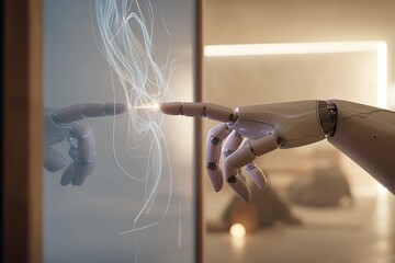 Robotic Hand Touching Artificial Lightning in Modern Technology Lab