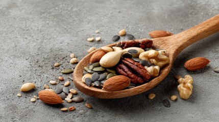 Spoonful of mixed nuts and seeds atop textured grey surface, close-up