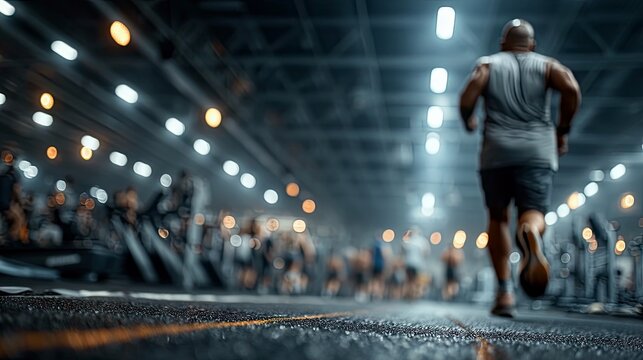 A man is running on a treadmill in a gym, with other people and equipment blurred in the background.