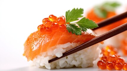 Salmon nigiri with roe & parsley held by chopsticks on white surface