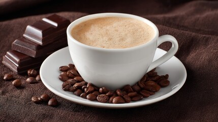 Obraz premium Creamy coffee in white mug, chocolate chunks, coffee beans on brown fabric