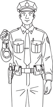 Line art illustration of a male police officer in uniform holding up a pair of handcuffs.