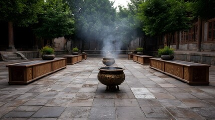 A serene courtyard with ornate incense burners emitting smoke surrounded by traditional architecture and stone tiles