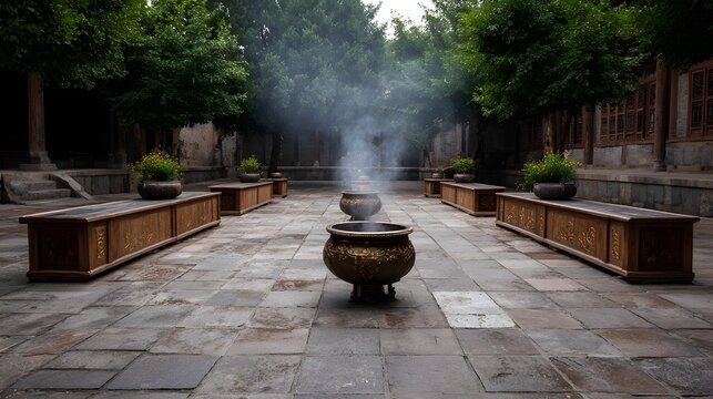 A serene courtyard with ornate incense burners emitting smoke surrounded by traditional architecture and stone tiles - Powered by Adobe