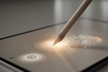 Digital Pen Touching Abstract Interactive Screen on Modern Tablet Device