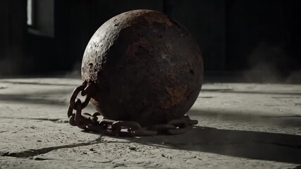 A heavy, rusty ball and chain is dropped, hitting a cracked stone floor.
