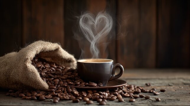 Steaming coffee near burlap sack spilling beans, set against a wood backdrop - Powered by Adobe