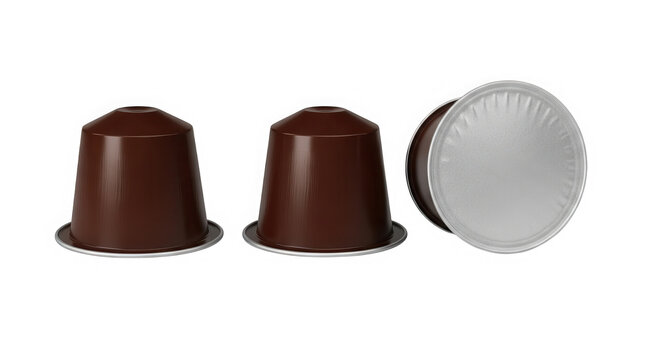 Three coffee capsules in brown and silver isolated on transparent background