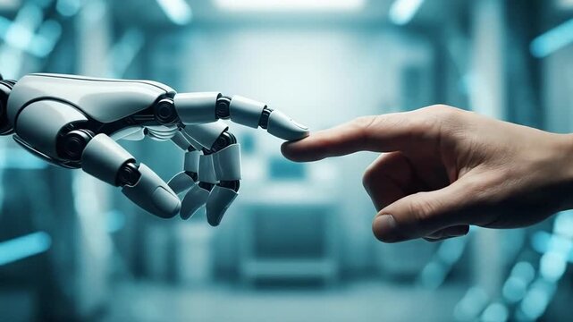Robotic and human hand interaction featuring technology and artificial intelligence concept