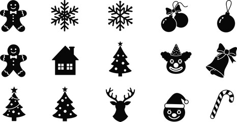 Black Christmas Silhouette Icons Vector Set, Festive Holiday Symbols Collection with Gingerbread Man, Snowflakes, Ornaments, Tree, Reindeer, Santa Claus Face, and Candy Cane for Design.
