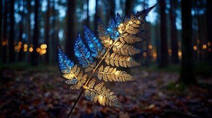 Glowing Blue and Gold Fern Leaf Illuminated in Dark Forest Scene