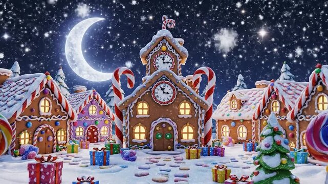 Magical gingerbread village under a large crescent moon and starry night