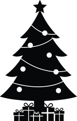 Black Silhouette Christmas Tree with Star Topper and Wrapped Gift Boxes, Holiday Presents and Festive Decoration, Seasonal Celebration Vector Illustration, New Year Symbol.