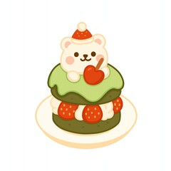 Cute Kawaii Bear Christmas Matcha Strawberry Cake Illustration