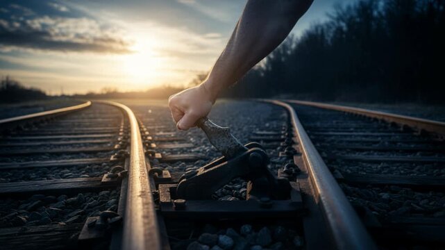 A hand pulls a lever to switch the direction of a railway track at sunset.