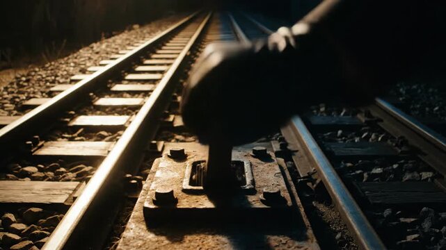 Gloved hand pulls old iron railway switch lever on dark night tracks