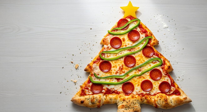 Christmas tree shaped pizza with melted cheese pull. Festive holiday appetizer for celebration