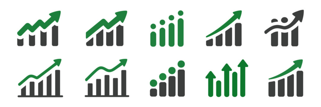 Growth charts and upward trend icon set depicting business success, financial increase, market progress, data analysis, profit, and positive gain.