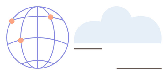 Globe with connected points signifying networking and blue cloud representing data storage. Ideal for technology, connectivity, networking, cloud computing, global reach, communication