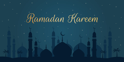 Ramadan Kareem - Islamic vector background with night sky and mosque silhouette for holiday greeting cards, social media banners, web headers, print templates