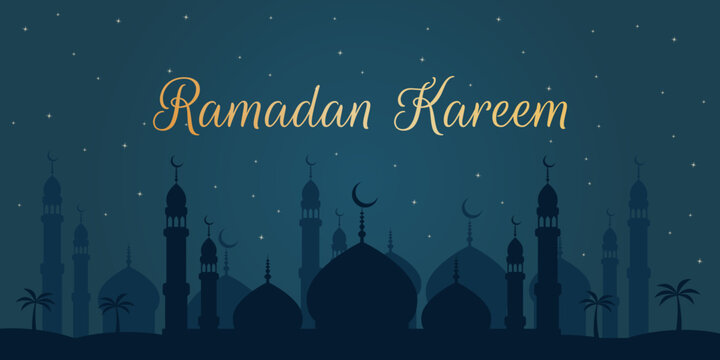 Ramadan Kareem - Islamic vector background with night sky and mosque silhouette for holiday greeting cards, social media banners, web headers, print templates