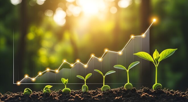 Seedling growth with rising graph symbolizing financial growth and investment success