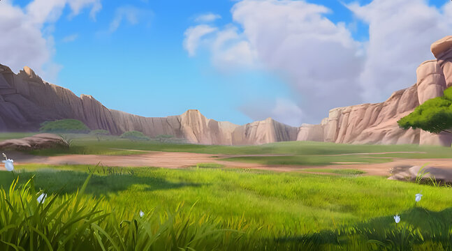Cartoon landscape of grassy field with blue sky and rock wall background illustration of beautiful green hills and cliffs for natural wallpaper