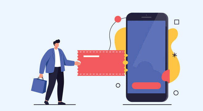 Man with a shopping bag redeeming a digital coupon or event ticket by inserting it into a large modern smartphone screen. - Powered by Adobe