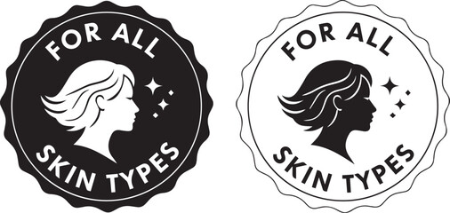 Vector label seal 'FOR ALL SKIN TYPES' icon for cosmetic product packaging and beauty claims