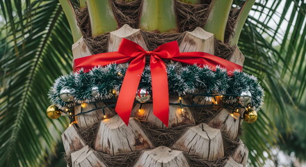 Fototapeta premium Palm tree decorated with lights and ornaments for Christmas celebration. Festive holiday season decoration in warm climate