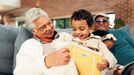 Grandmother, boy and reading book on sofa with learning, happy or bonding in living room. Senior...