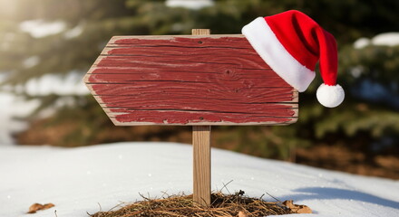 Red santa hat on a wooden arrow sign in snowy winter weather. Christmas or New Year holiday street direction concep. Copy space