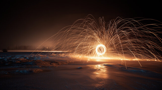 Fiery light painting with spinning steel wool creates a dazzling explosion of sparks