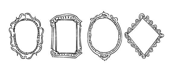 Set of vintage frames in sketch style, Whimsical hand drawn ornamental badge and borders, Antique ornate elegant decorative elements vector illustration