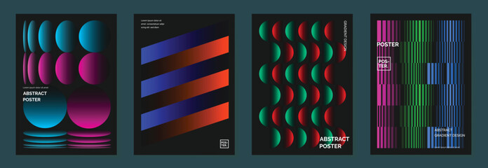 Modern gradient poster background vector set. Minimalist cover template with vibrant perspective geometric prism shapes in motion. Ideal design for social media, cover, banner, flyer.