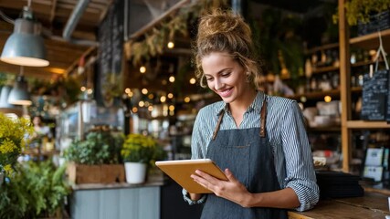 Happy Young Woman Small Business Owner Using Tablet in Modern Cafe or Flower Shop - Powered by Adobe