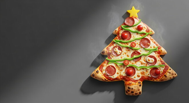 Christmas tree shaped pizza with melted cheese pull. Festive holiday appetizer for celebration - Powered by Adobe