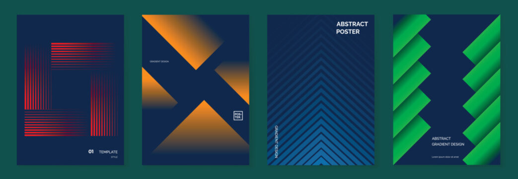 Modern gradient poster background vector set. Minimalist cover template with vibrant perspective geometric prism shapes in motion. Ideal design for social media, cover, banner, flyer.