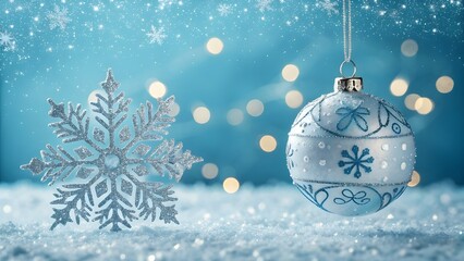 Deep Blue Winter: Sparkling Snowflake and Icy Christmas Bauble on a Glittering Snow Background"
"A Glimmering Winter Solstice: Serene Blue Christmas Ornament and Crystal Snowflake Art"
